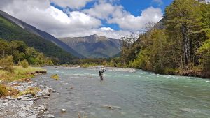 Pescando a ninfa en río de Nueva Zelanda